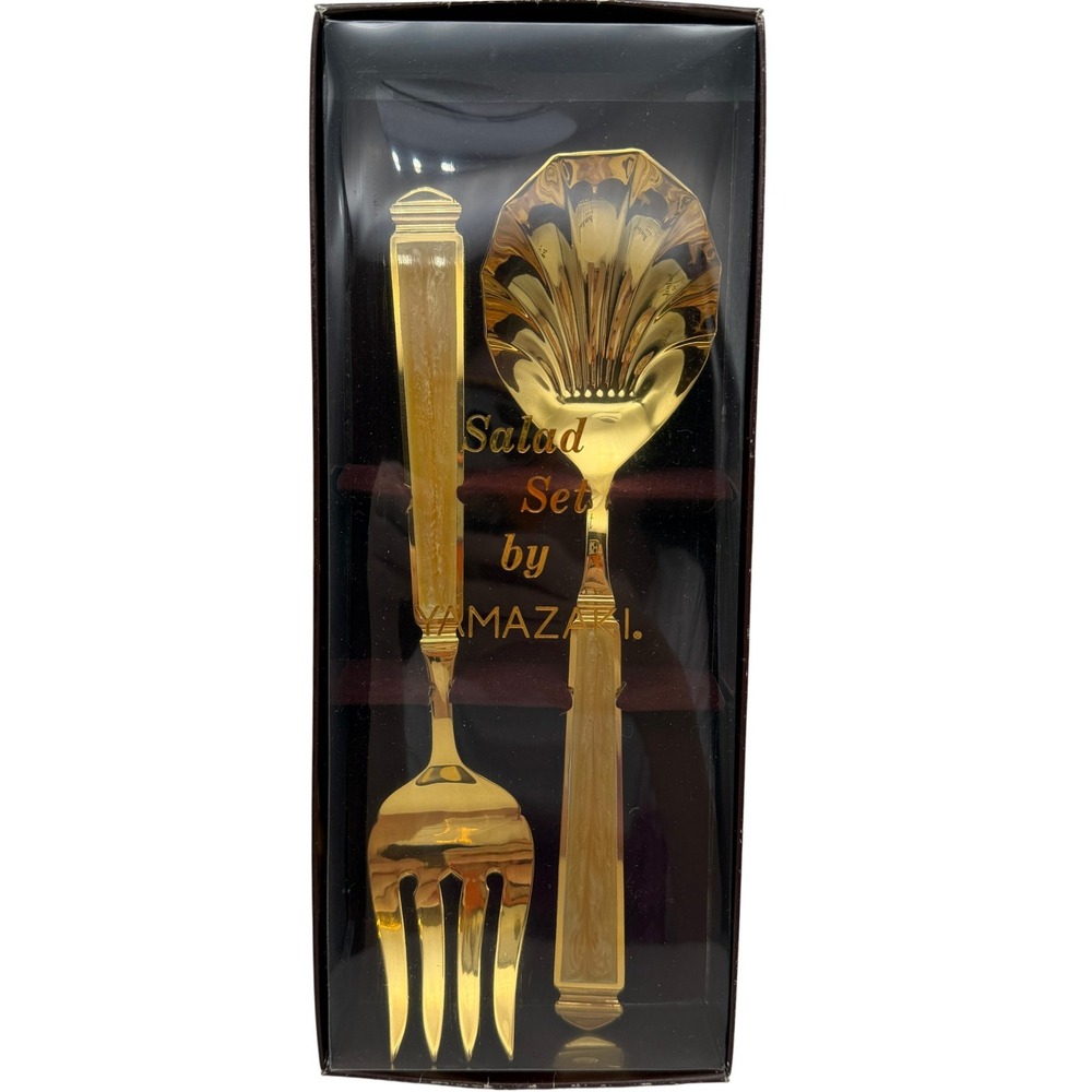 Yamazaki Krystallos Pearl Gold Tone Salad Serving Set Shell Spoon Fork 2pc